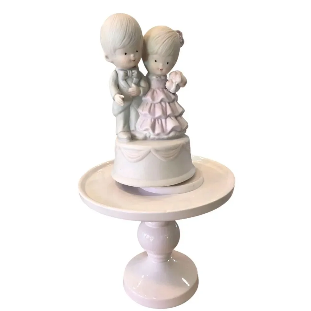 Vintage Musical Turning Cake Topper Ceramic Boy & Girl Pastel Wind Up Box